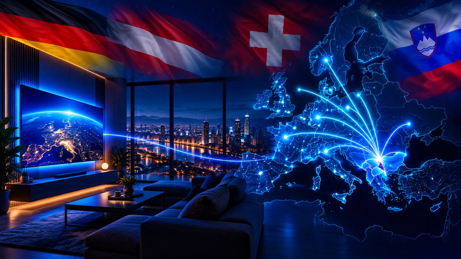 Dnevni boravak sa velikim televizorom i svjetleća mapa Evrope sa linijama prema Balkanu, iznad zastave Njemačke, Austrije, Švicarske i Slovenije