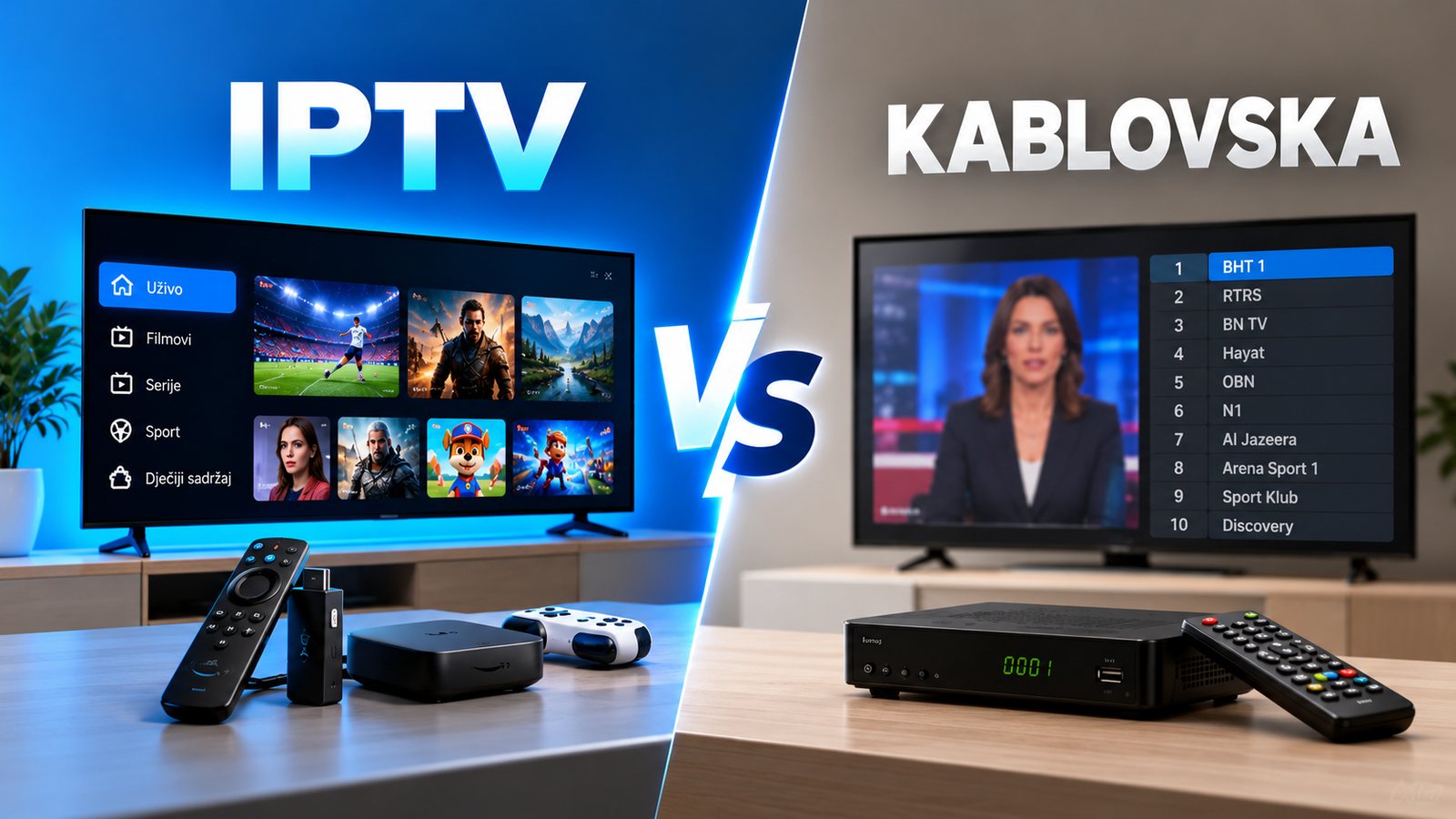 Poređenje IPTV-a i kablovske: lijevo televizor sa IPTV aplikacijom, stikom i TV boxom, desno televizor sa spiskom kanala i risiverom kablovske