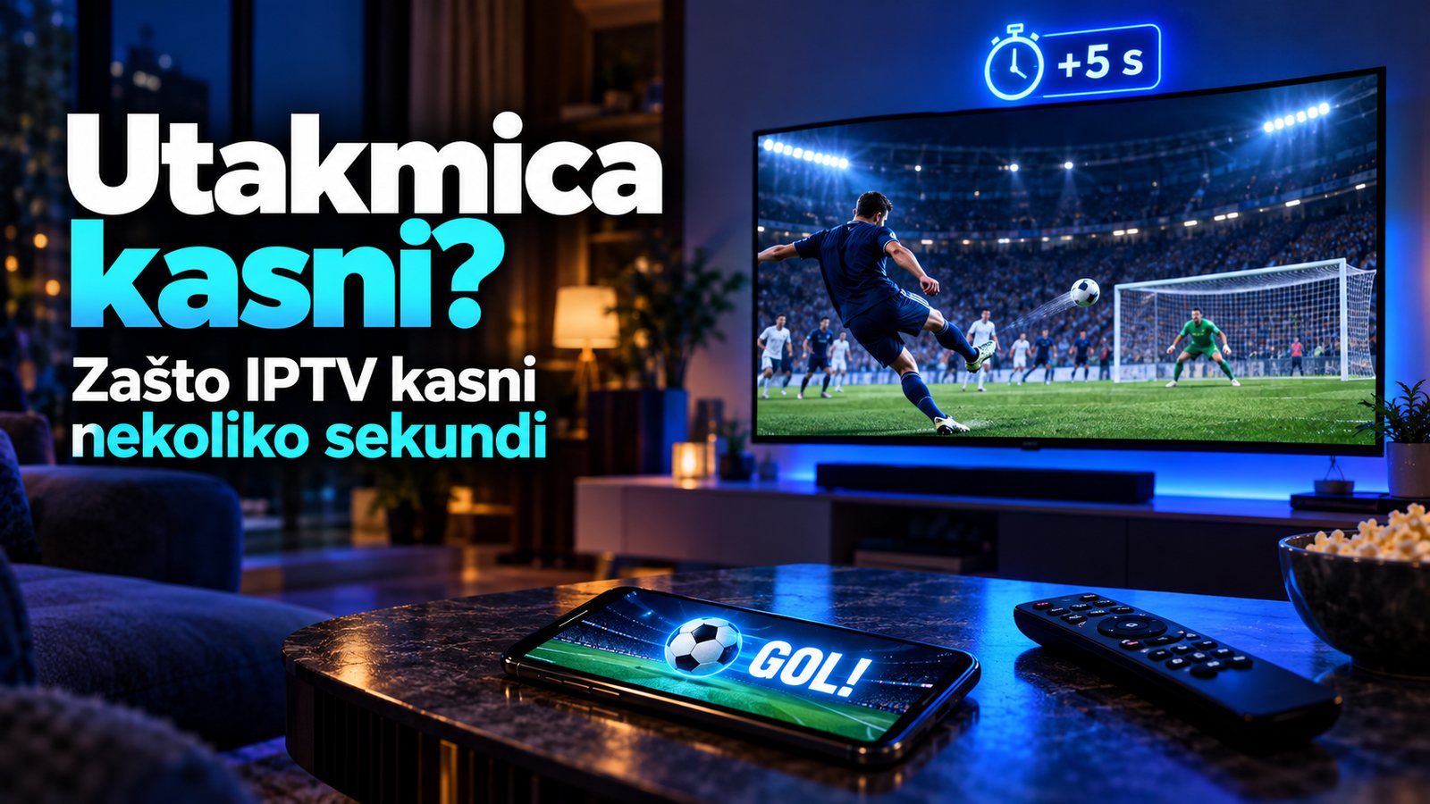 Igrač šutira na gol na televizoru, a na mobitelu je već stiglo obavještenje o golu