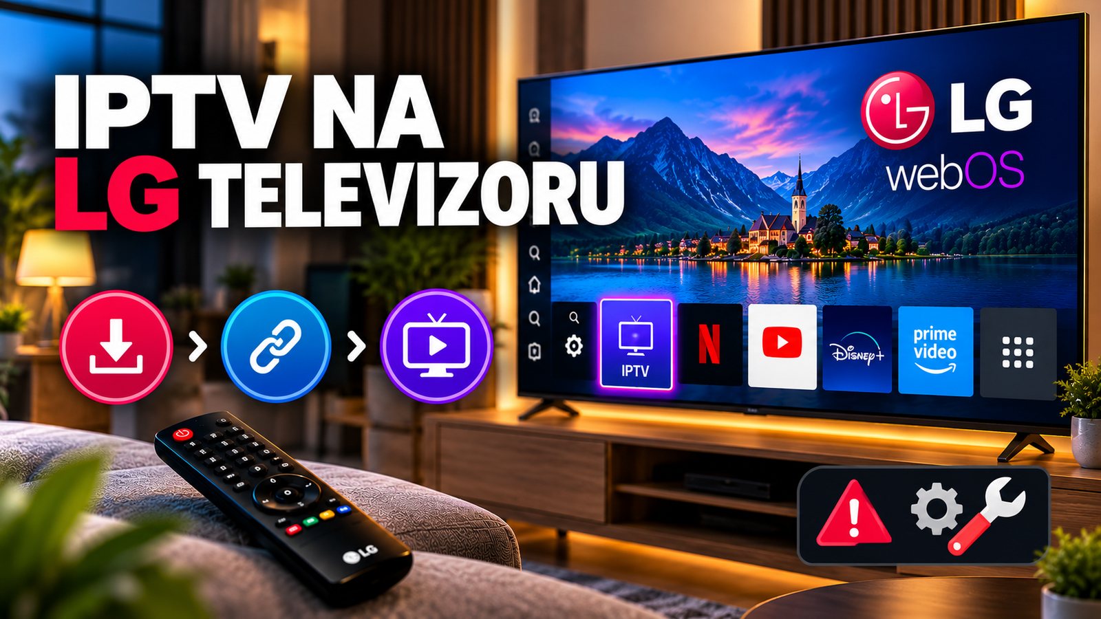 Natpis IPTV na LG televizoru i LG televizor sa webOS početnim ekranom i trakom aplikacija, ispred daljinski na kauču, a sa strane ikonice za instalaciju, povezivanje, gledanje i podešavanja