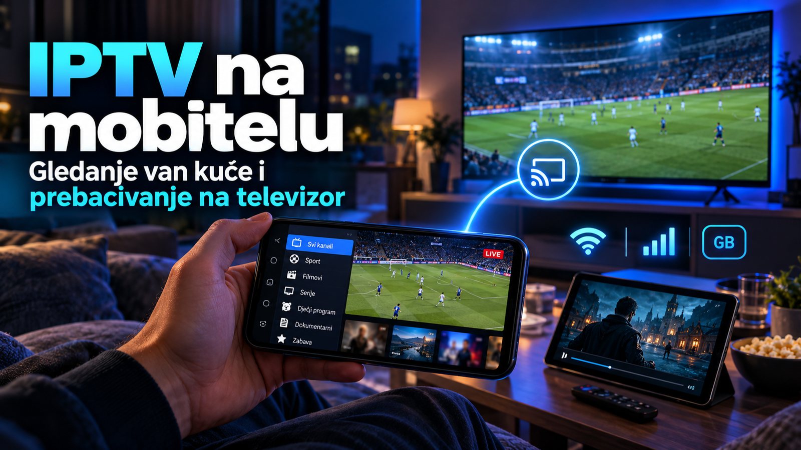 Utakmica na mobitelu koja se prebacuje na televizor, tablet sa filmom na stolu