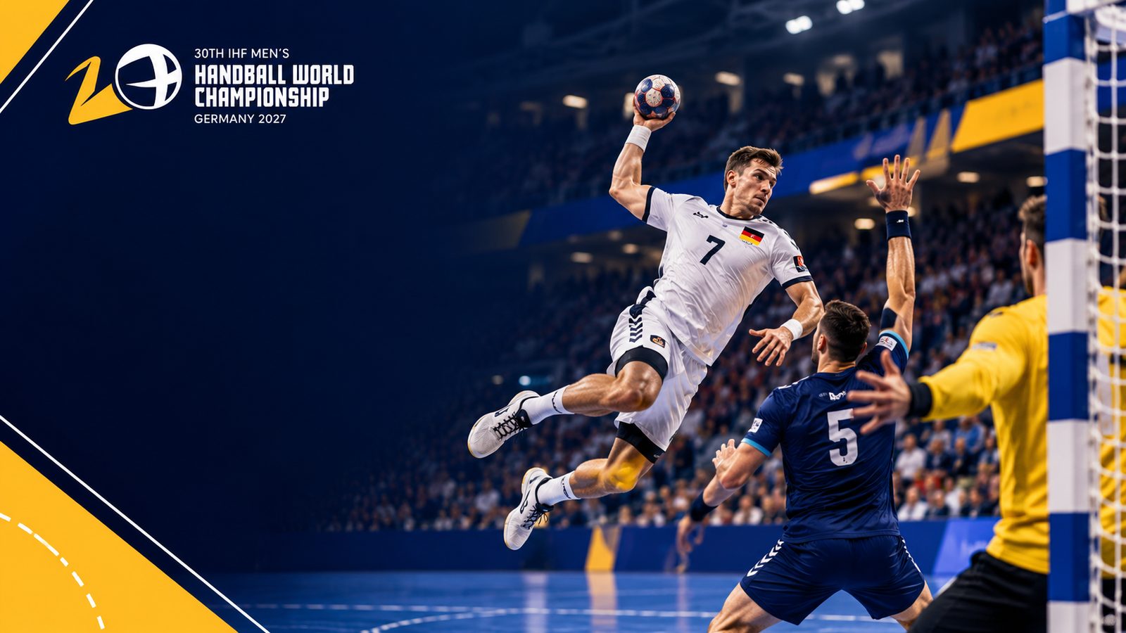 Rukometaš u bijelom dresu sa brojem 7 šutira iz skoka preko odbrambenog igrača u tamnoplavom dresu u punoj dvorani, a lijevo natpis Handball World Championship Germany 2027