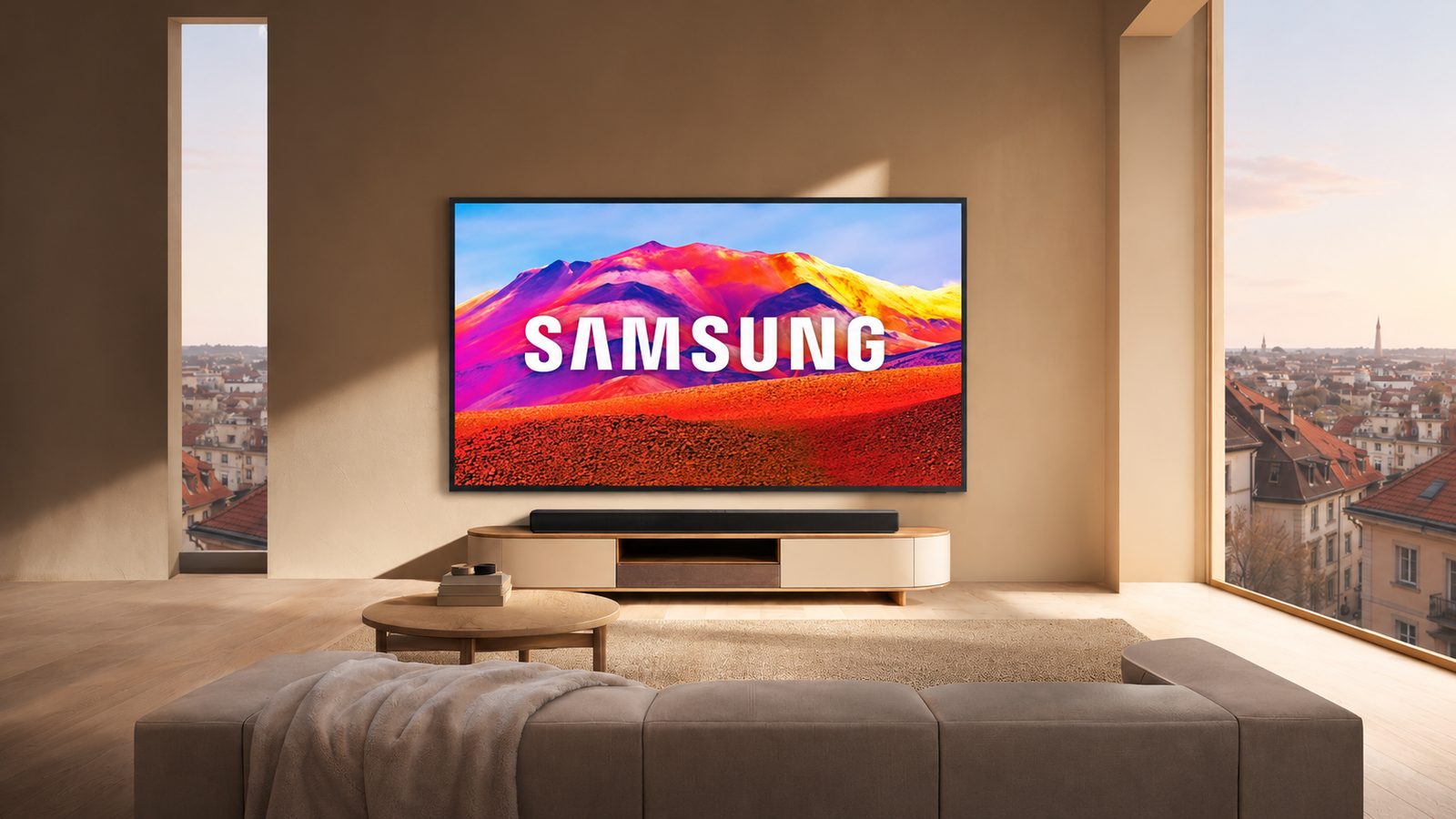 Samsung televizor na zidu svijetlog dnevnog boravka, ispod njega soundbar i komoda, a kroz prozor pogled na krovove grada