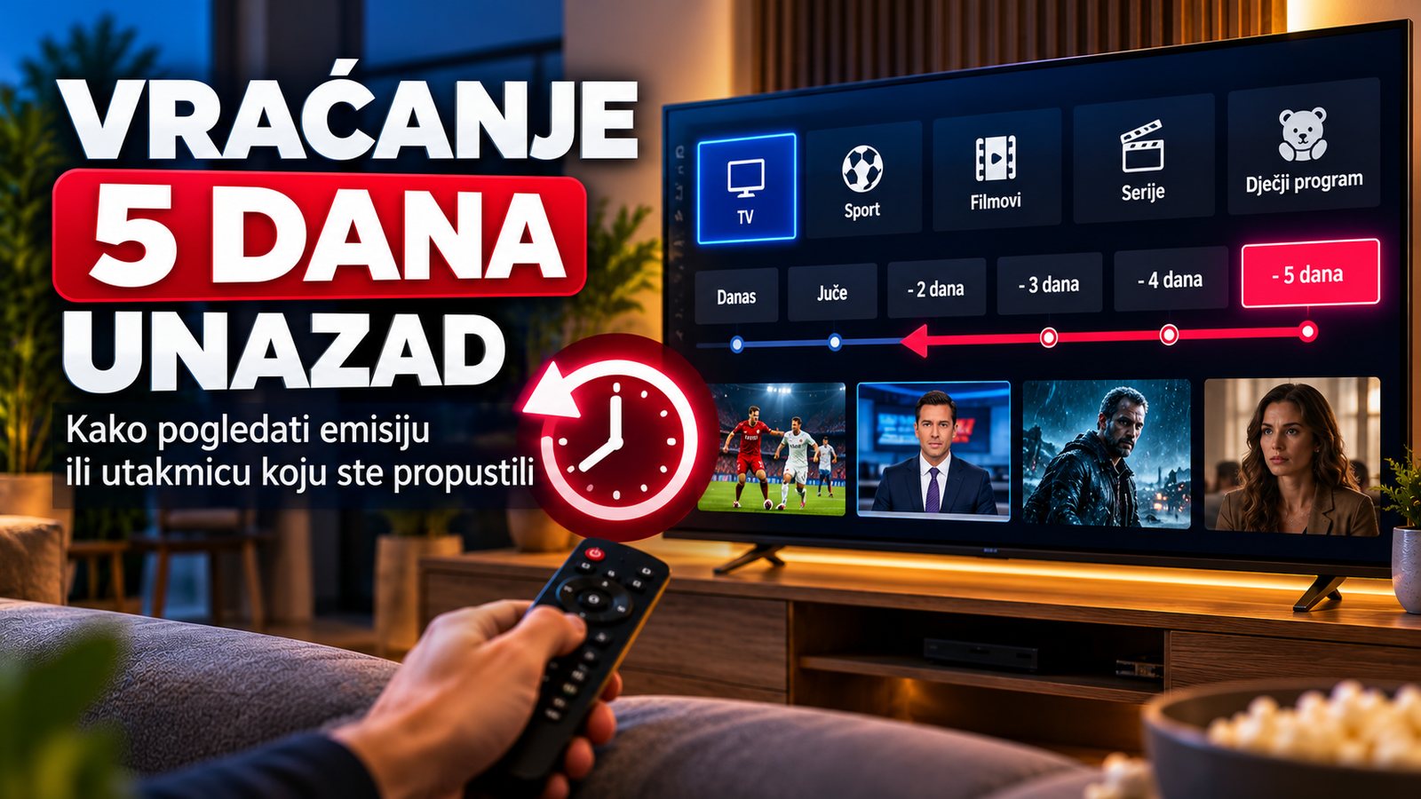 Natpis Vraćanje 5 dana unazad i televizor sa kategorijama TV, Sport, Filmovi, Serije i Dječji program, izborom dana od danas do 5 dana unazad i emisijama, a ispred ruka sa daljinskim i crveni sat sa strelicom unazad